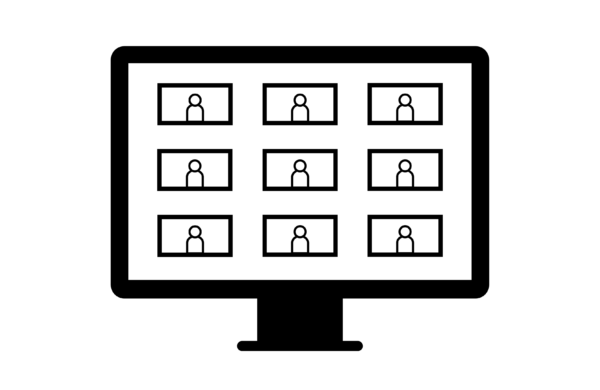 videoconferentie met negen deelnemers, op een beeldscherm getoond, illustratie