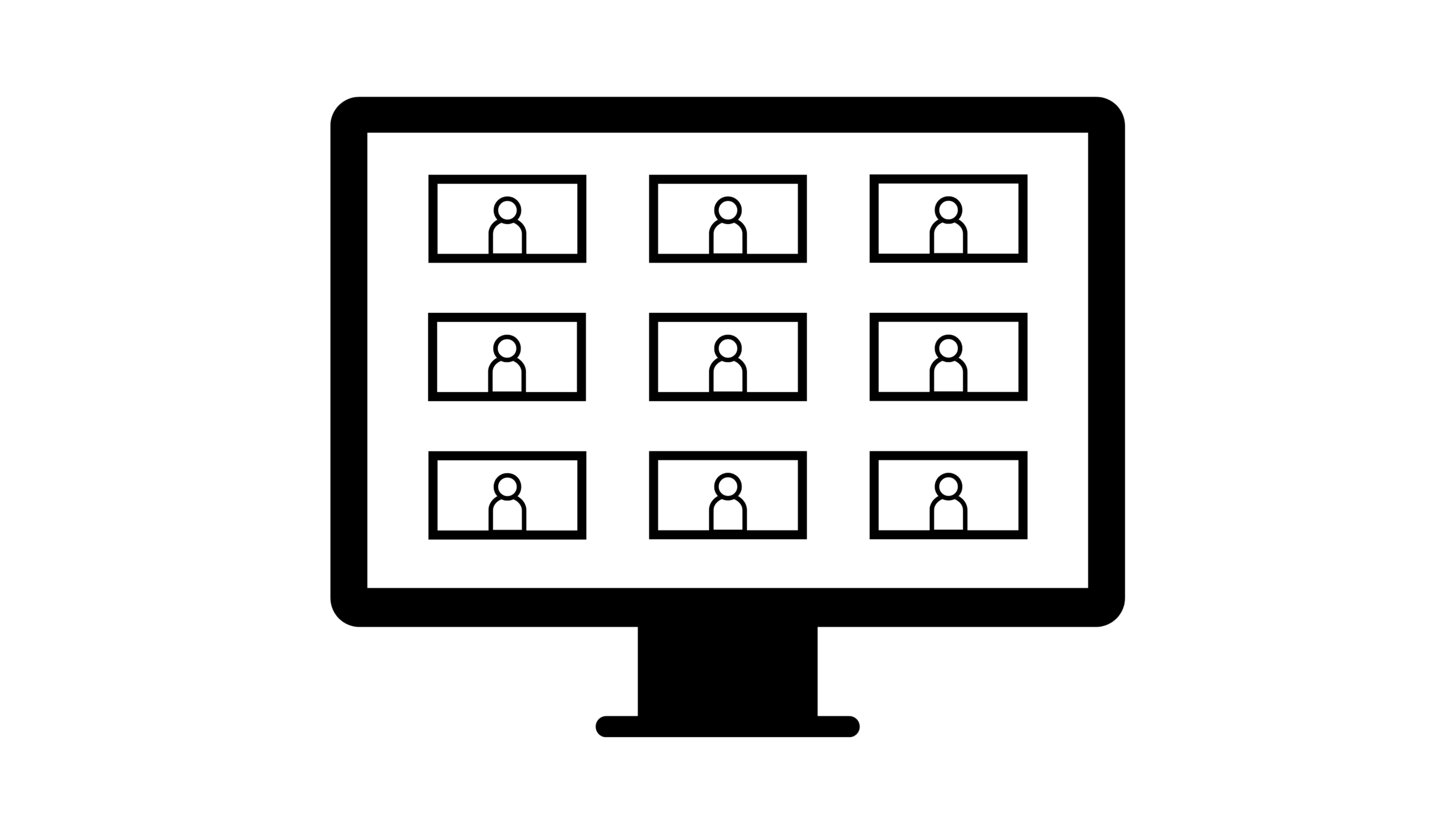 videoconferentie met negen deelnemers, op een beeldscherm getoond, illustratie